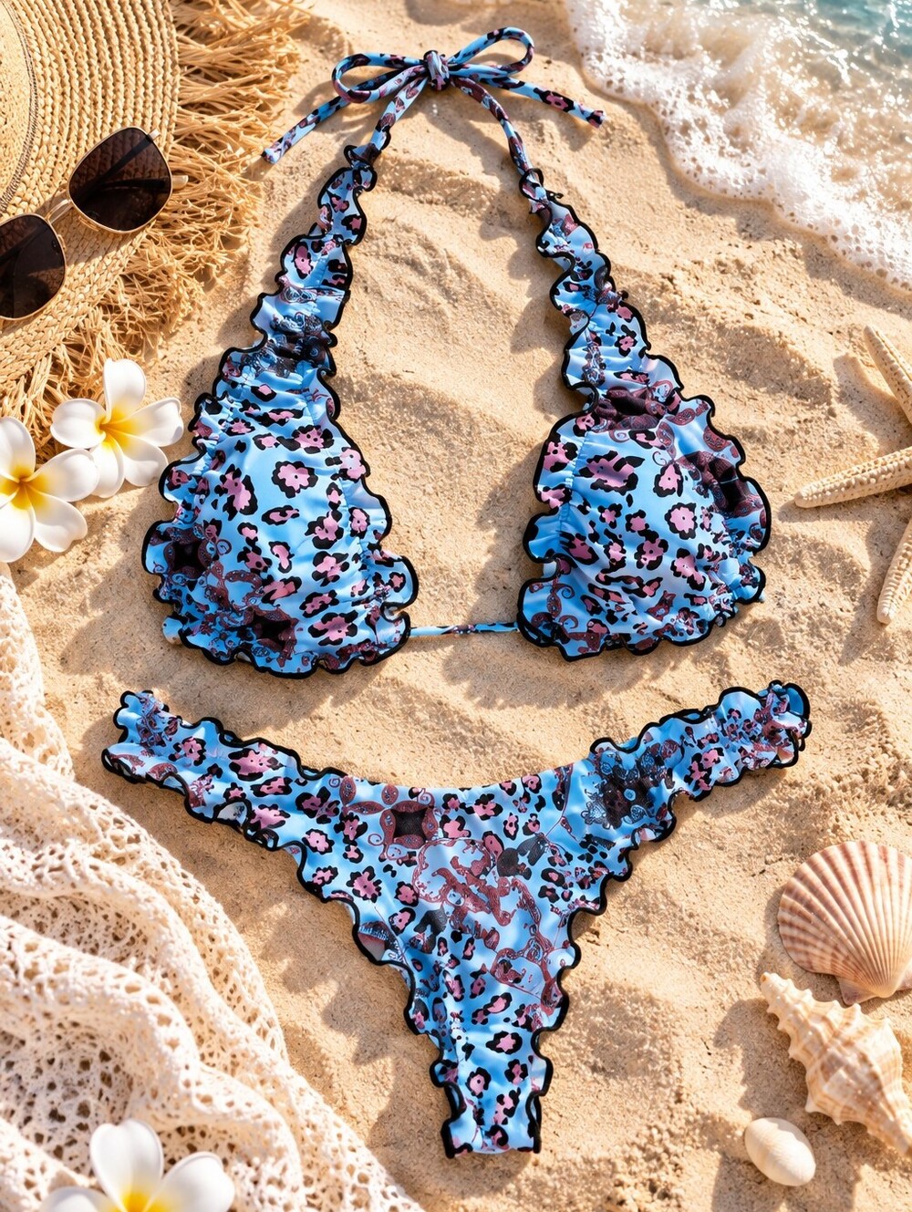 ☀️ SHEIN Blue Print Ruffle Bikini Set Size S - Picture 2 of 7